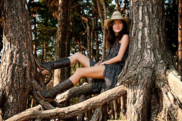 En ung flicka i stil med landet mot bakgrund av Royaltyfria Stockbilder