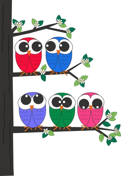 Un grupo de búhos sentados en un árbol — Vector de stock