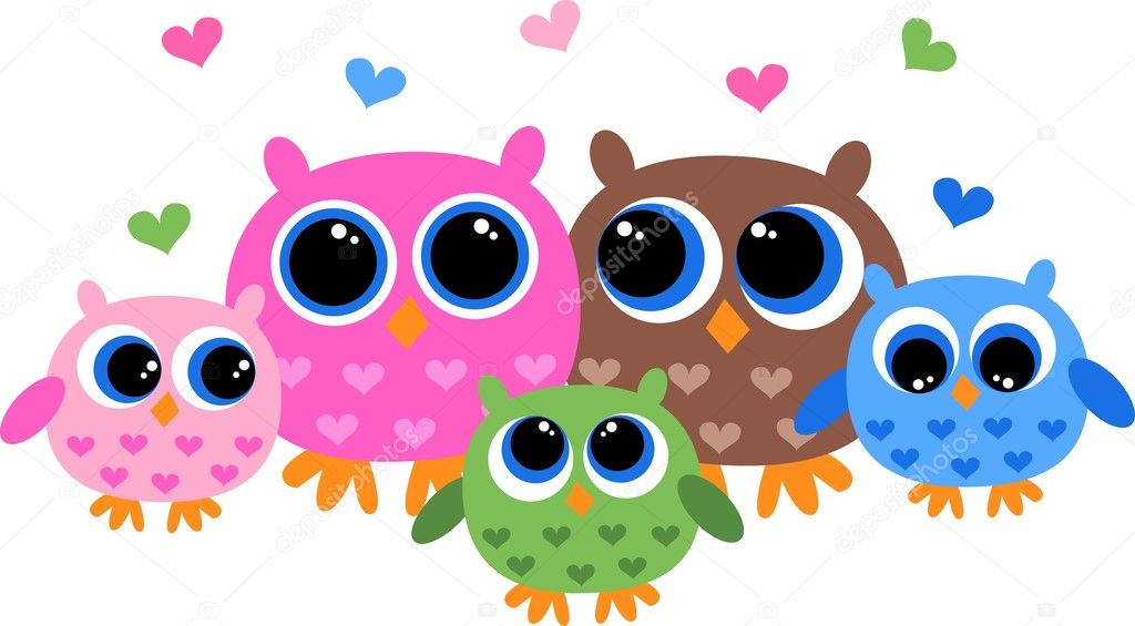 A colorful owl family