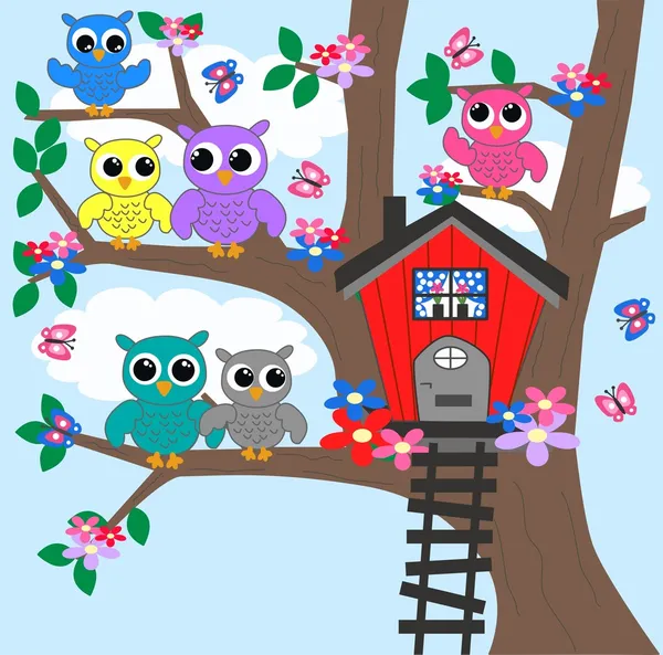 Colorful owls sitting in a tree — Stock Vector