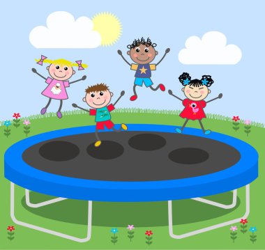 mixed ethnic kids on a trampoline clipart