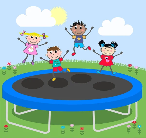 Crianças étnicas mistas em um trampolim —  Vetores de Stock