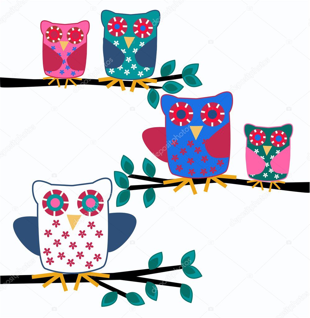 Colorful owls branch