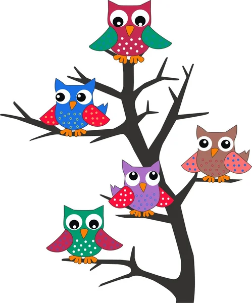 Um grupo de corujas em uma árvore — Vetor de Stock