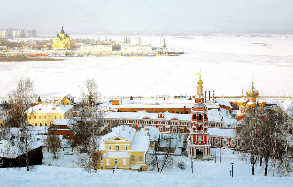 Winter view of Arrow (Strelka) in Nizhny Novgorod, Russia