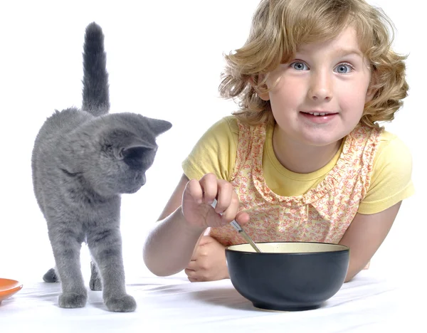 猫和饮食的女孩。在白色女の子を食べる。白. — 图库照片