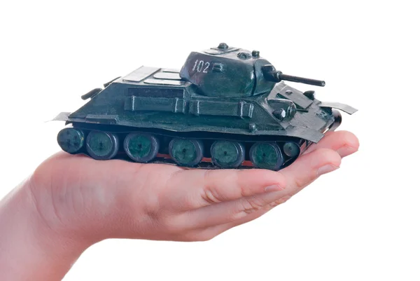 Plasticine model of a tank in the palm of your hand — Stock Photo, Image