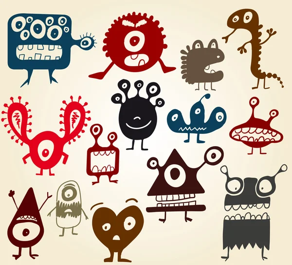 Muitos monstros doodle bonito — Vetor de Stock