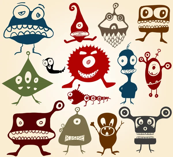 Muitos monstros doodle bonito — Vetor de Stock
