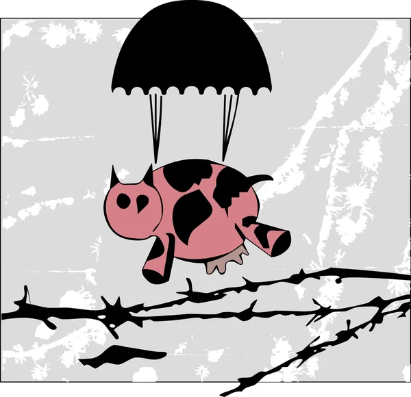 パラシュート付き牛のイラスト — ストックベクタ