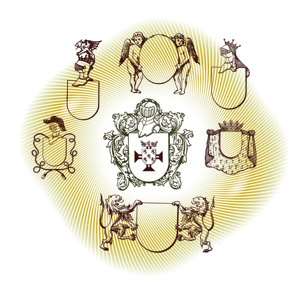 Illustrazione disegno scudo impostato con varie forme e decorazione — Vettoriale Stock