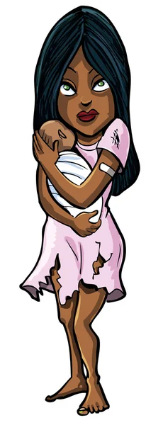 卡通妇女抱着婴儿。她是衣衫褴褛 — 图库矢量图片