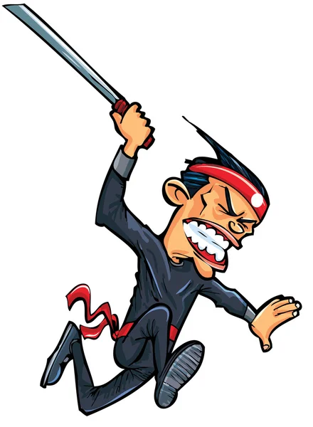 Dibujos animados hombre oriental atacando con espada — Vector de stock