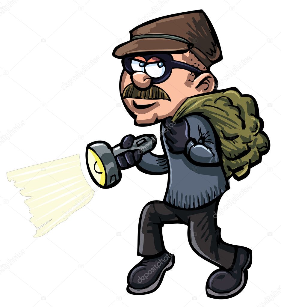 Cartoon thief with a flash light