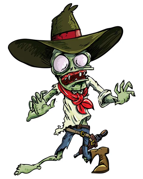Cartoon cowboy zombie with gun belt and hat. — Stock Vector