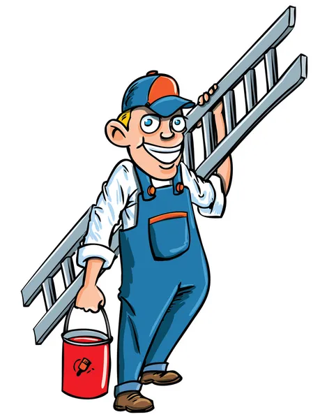 Cartoon schilder met een ladder en verf emmer — Stockvector