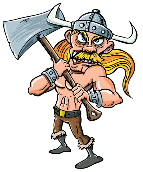 Vikingo de dibujos animados con hacha enorme . — Vector de stock