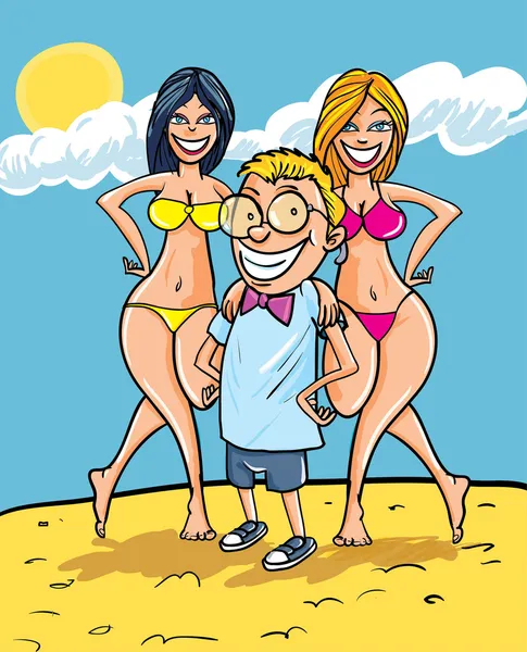 Cartoon-Nerd mit zwei Mädchen im Bikini — Stockvektor