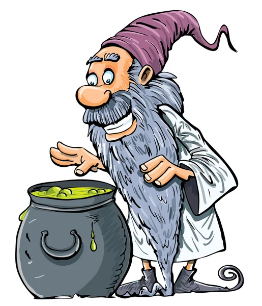 Cartoon Wizard with boiling cauldron. — Stockvector