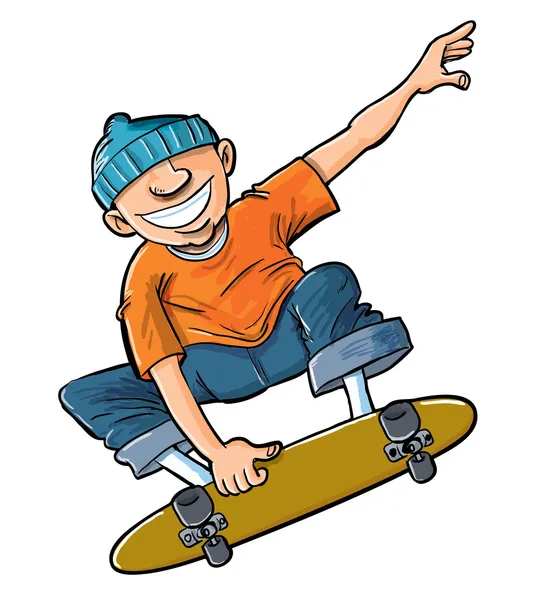 Karikatur eines Jungen, der auf seinem Skateboard springt. — Stockvektor