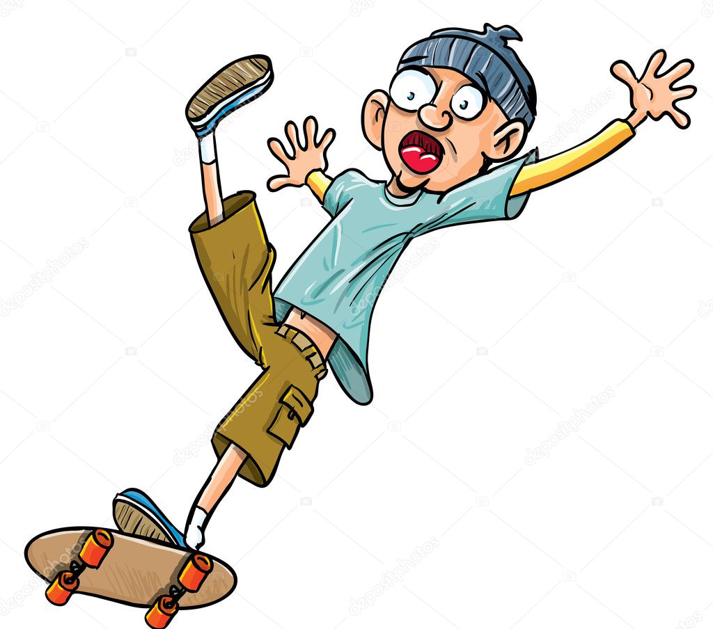 Cartoon skater falling of his skateboard.