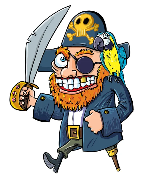 Pirate de bande dessinée avec une coutelasse et un perroquet — Image vectorielle
