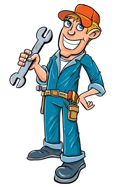 Cartoon plumber holding a wrench — Stock Vector