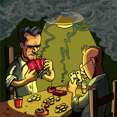 Cartoon of two men playing cards clipart