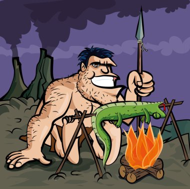 bir kertenkele bir açık ateş üzerinde pişirme mağara adamı