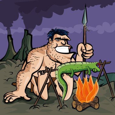 Caveman cooking a lizard over an open fire clipart