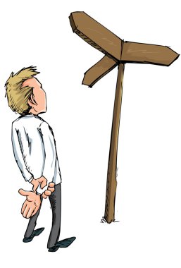 Cartoon of man stannding at crossroads clipart