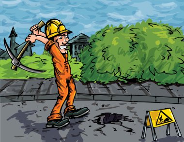 Cartoon of labourer using a pick axe clipart