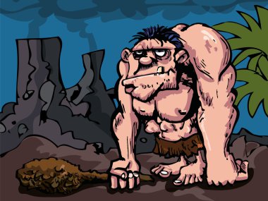 Cavman with big club in prehistoric setting clipart