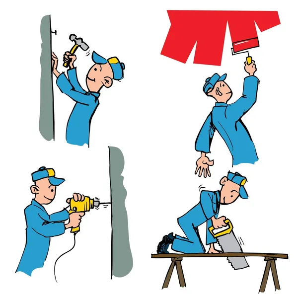 Conjunto de desenhos animados de trabalhador fazendo diferentes tarefas DIY —  Vetores de Stock