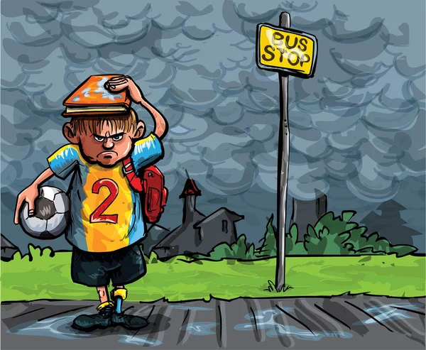 Cartoon of schoolboy caught in the rain — Stock Vector