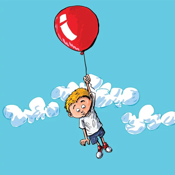 Dibujos animados de un niño colgando de un globo — Vector de stock