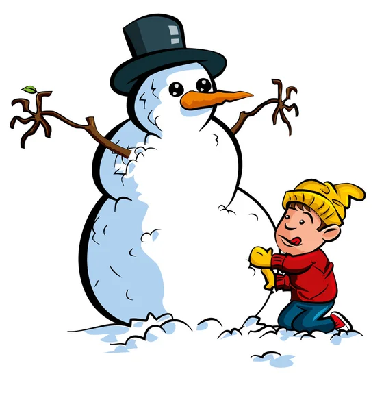 Мальчик из мультфильма строит снеговика — стоковый вектор