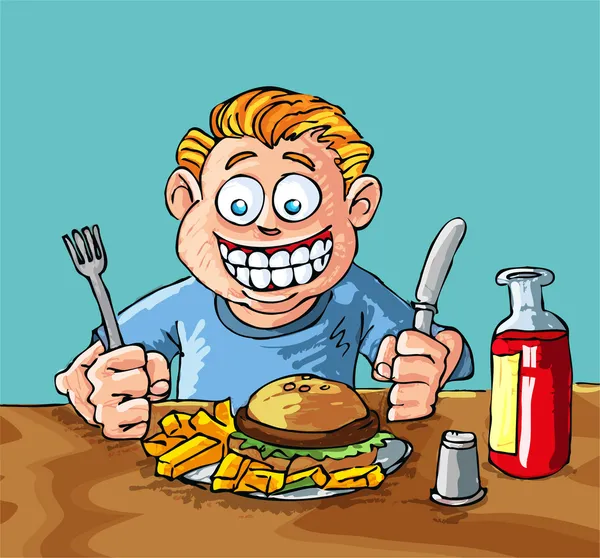 Desenhos animados de menino prestes a comer junk food — Vetor de Stock