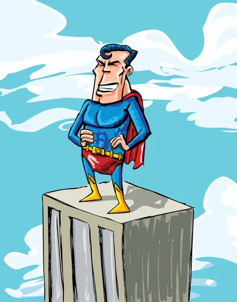 Dessin animé superman sur un toit de bâtiment — Image vectorielle