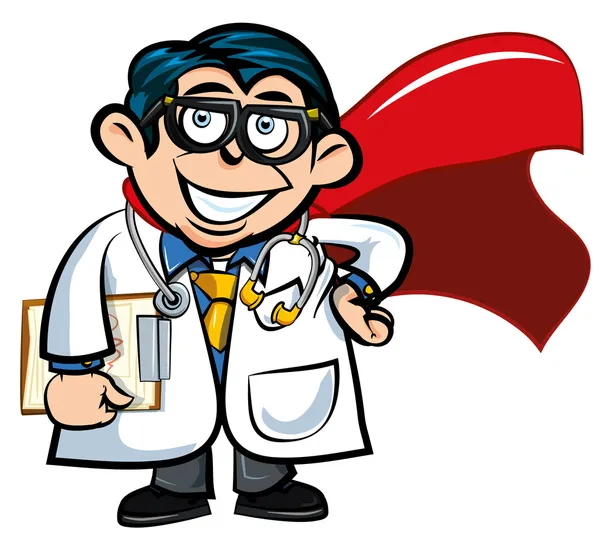 Cartoon doctor with a superhero cape — Stock Vector