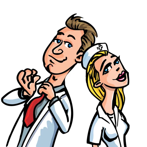 Cartoon medico flirtare con un'infermiera — Vettoriale Stock