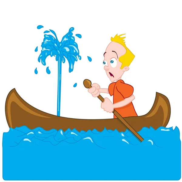 Cartone animato di un uomo in una canoa che affonda — Vettoriale Stock