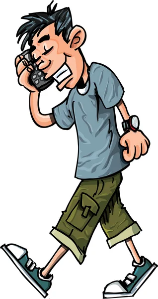 Γελοιογραφία της αγόρι εφήβων που μιλάμε στο κινητό του τηλέφωνο — Διανυσματικό Αρχείο