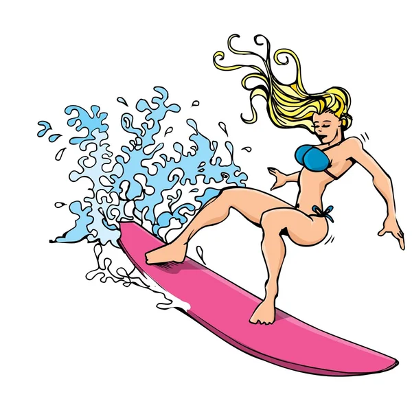 Cartone animato di una donna bionda che naviga su un'onda — Vettoriale Stock