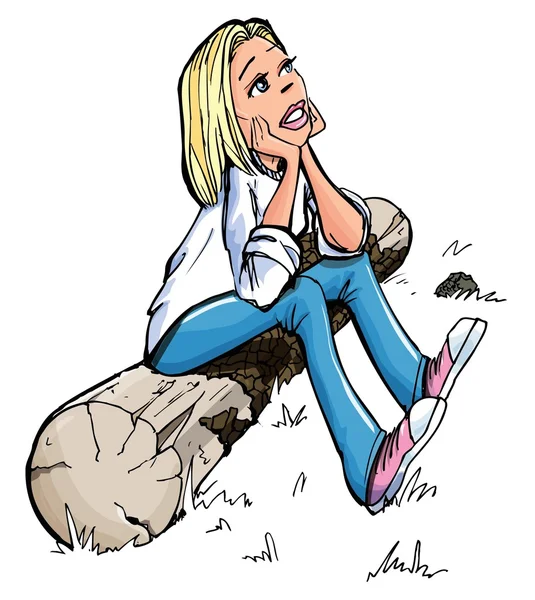Desenhos animados de menina loira bonita sentado em um log — Vetor de Stock
