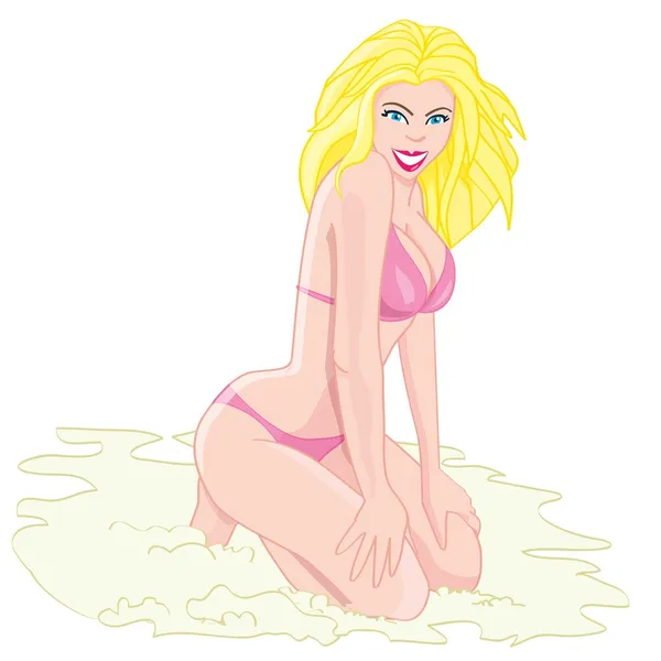 ビーチで金髪の女性の漫画 — ストックベクタ