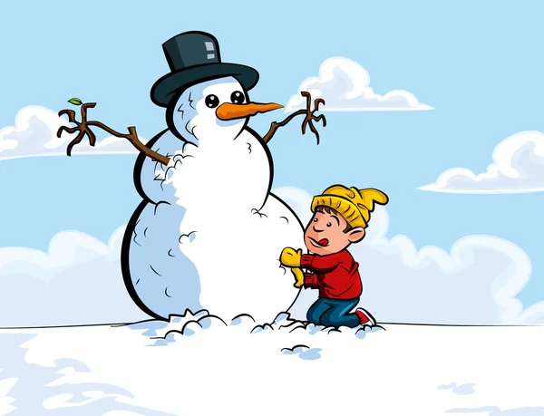 Карикатура на мальчика, строящего снеговика — стоковый вектор
