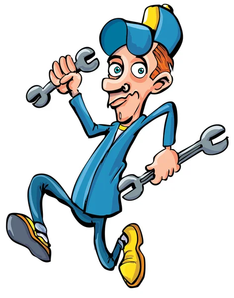 Cartoon mechanic running with his tools — Stock Vector