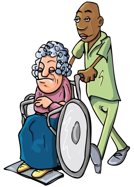 Desenhos animados de um ordeiro empurrando uma senhora idosa — Vetor de Stock