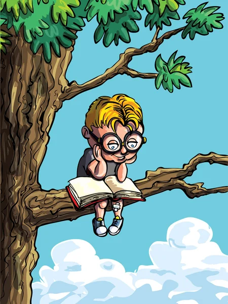 Tecknad av liten pojke i ett träd — Stock vektor